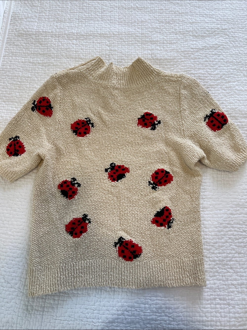 Anthropologie Maeve Cream Ladybug Short-Sleeve Turtleneck Sweater - Picture 7 of 7